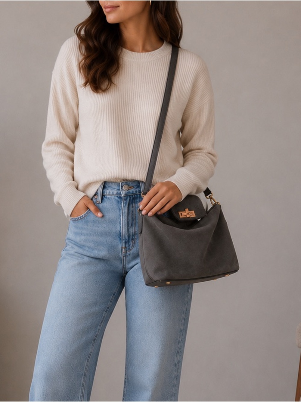Claudia Firenze Suede Gold Italian Slouch Gray Crossbody Shoulder Bag Purse
